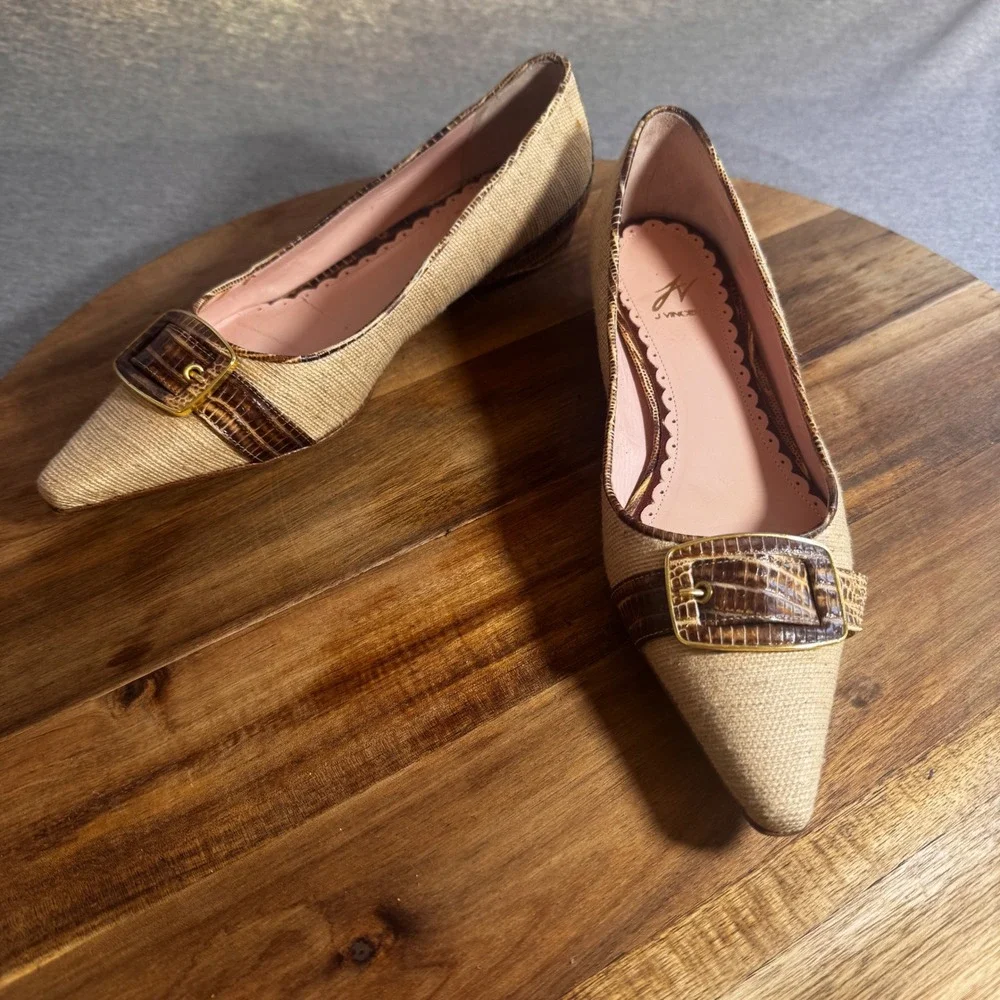 J Vincent Twiggy Tan Raffia Croc Embossed Leather Buckle Wedge Pumps 6M Brazil